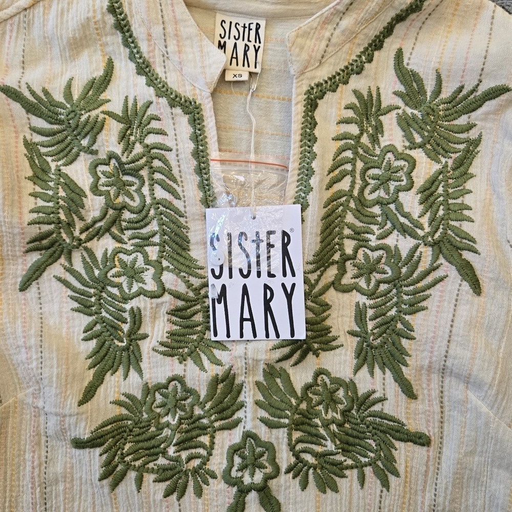 Sister Mary Lizette Embroidered Blouse Ivory Green Cotton Top Floral XS NWT - Picture 4 of 9